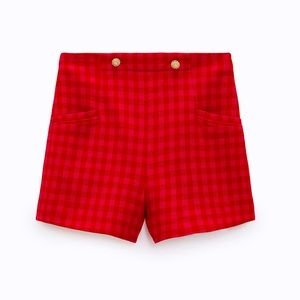 Zara Red and Pink Gingham Plaid High Waisted Shorts